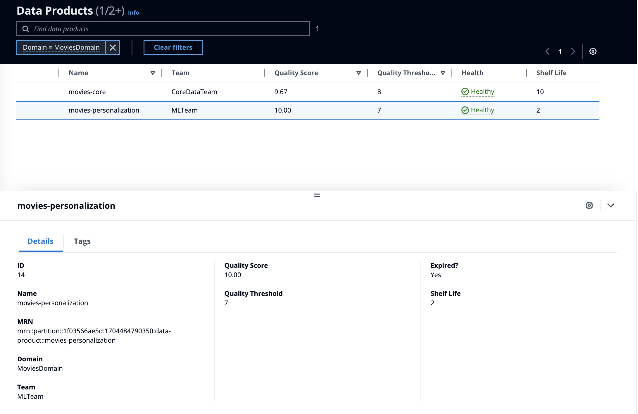 ML Data Products Table